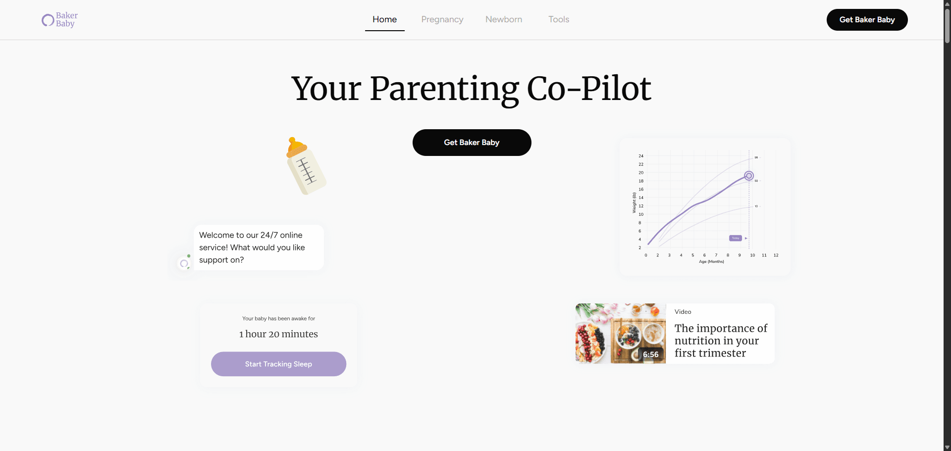 Baker Baby web dashboard with growth chart and sleep tracker
